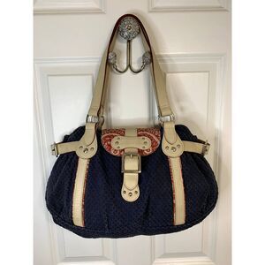 Longchamp RARE Idole Canvas Fabric and Leather Blue Floral Satchel Shoulder Bag